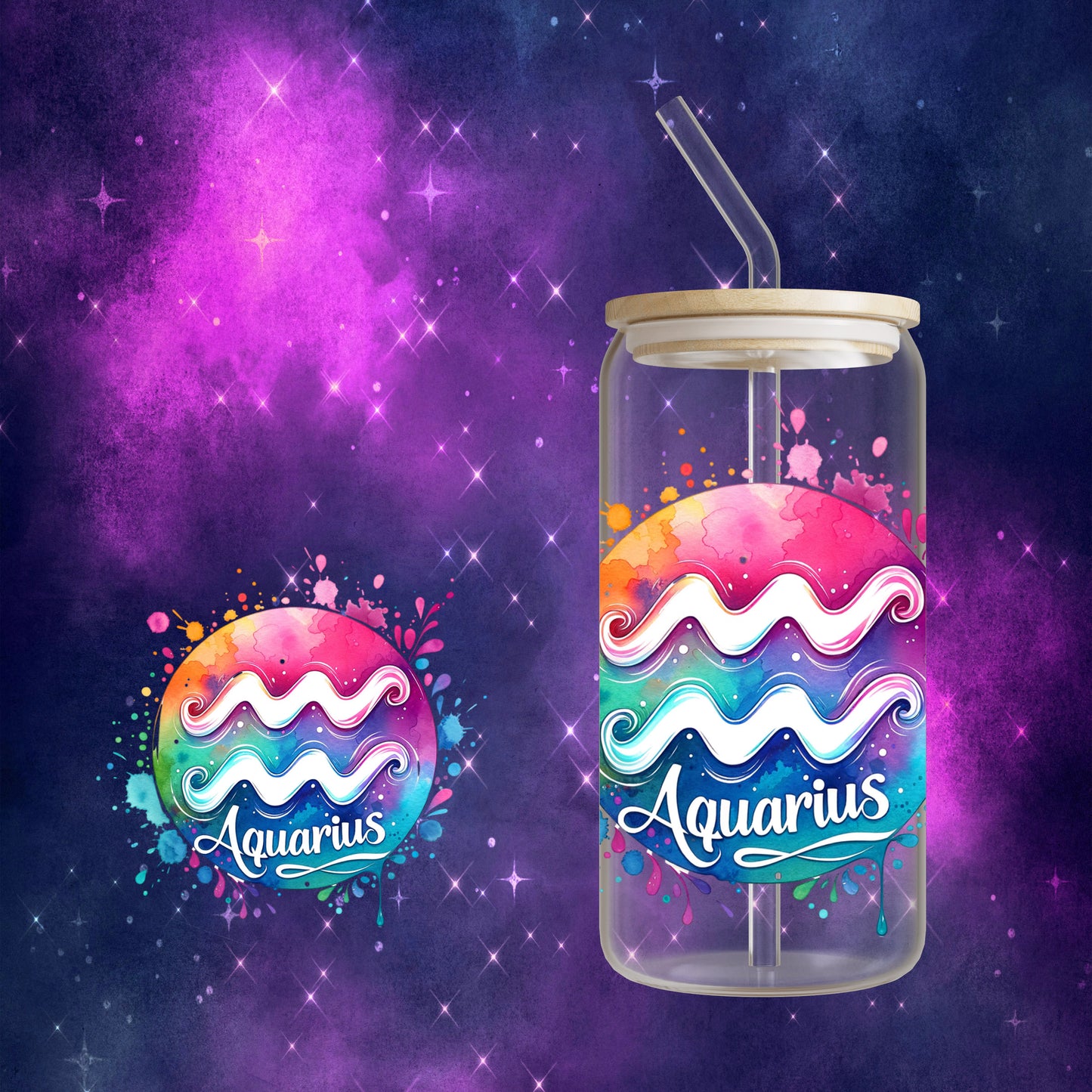 Zodiac Sign - Tie Dye 16oz Glass Can Cup with Bamboo Lid, Glass Straw, and Straw Cleaner