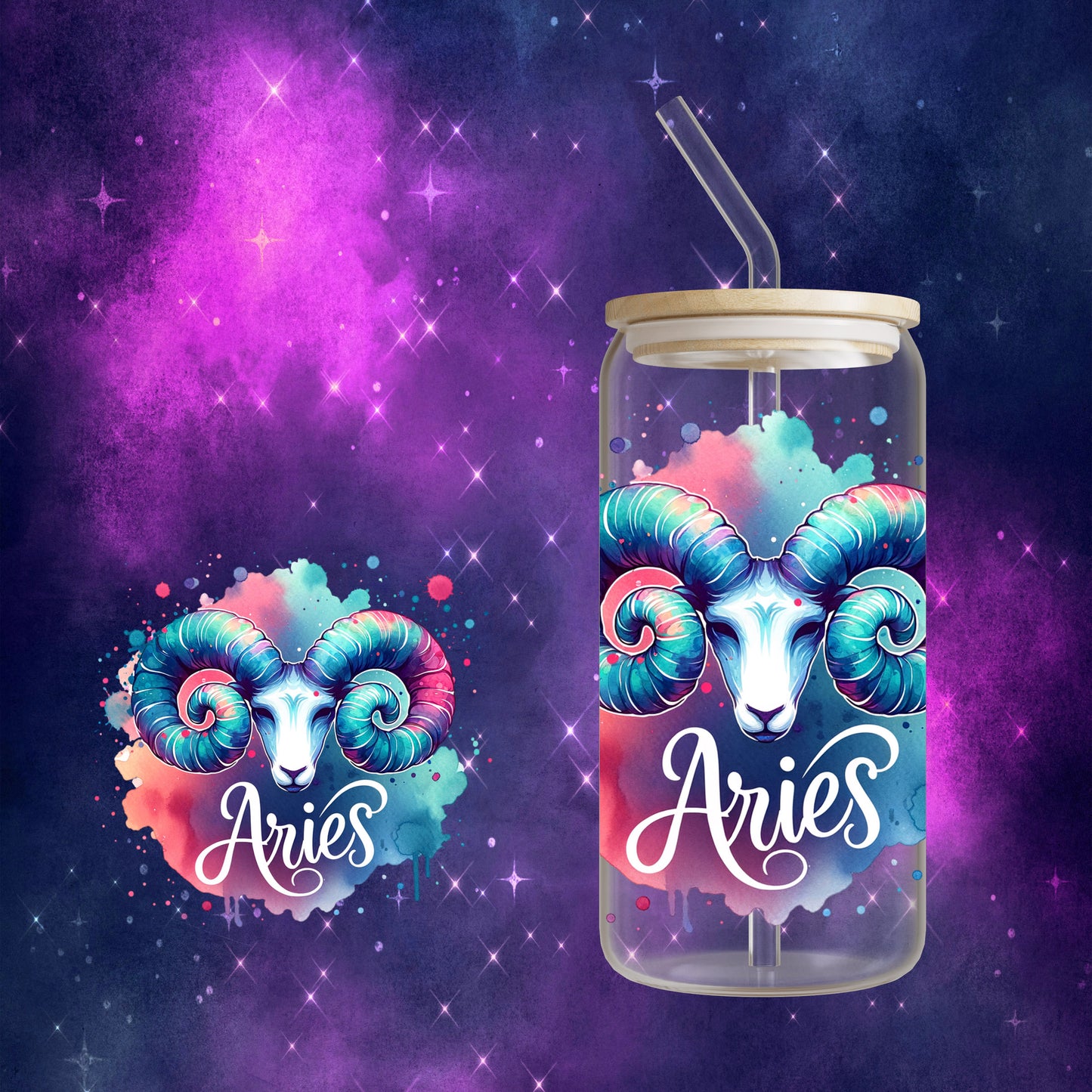 Zodiac Sign - Tie Dye 16oz Glass Can Cup with Bamboo Lid, Glass Straw, and Straw Cleaner