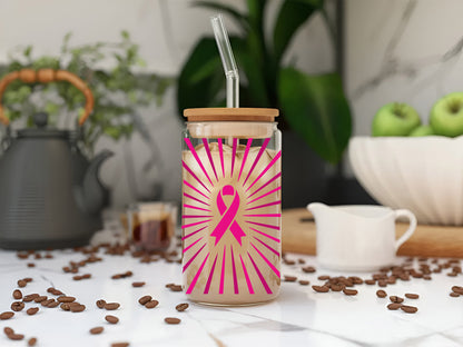 Breast Cancer Awareness 16oz Glass Can Cup with Bamboo Lid, Glass Straw, and Straw Cleaner