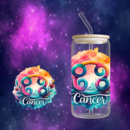 Zodiac Sign - Tie Dye 16oz Glass Can Cup with Bamboo Lid, Glass Straw, and Straw Cleaner