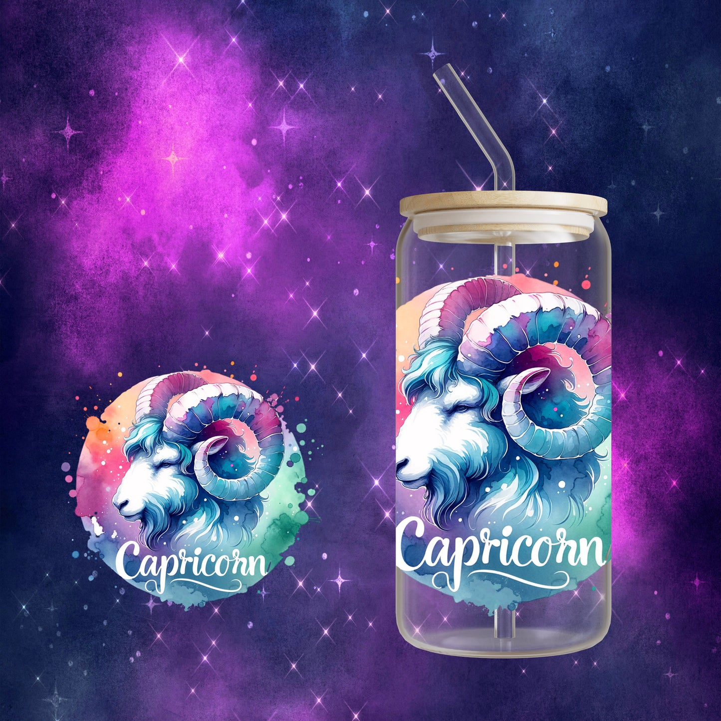 Zodiac Sign - Tie Dye 16oz Glass Can Cup with Bamboo Lid, Glass Straw, and Straw Cleaner