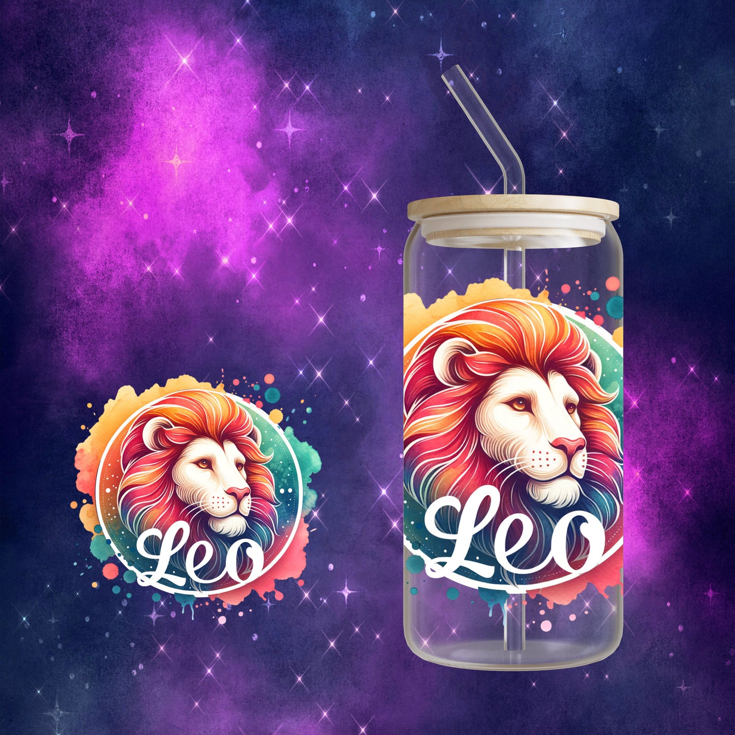 Zodiac Sign - Tie Dye 16oz Glass Can Cup with Bamboo Lid, Glass Straw, and Straw Cleaner