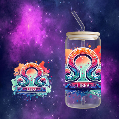 Zodiac Sign - Tie Dye 16oz Glass Can Cup with Bamboo Lid, Glass Straw, and Straw Cleaner