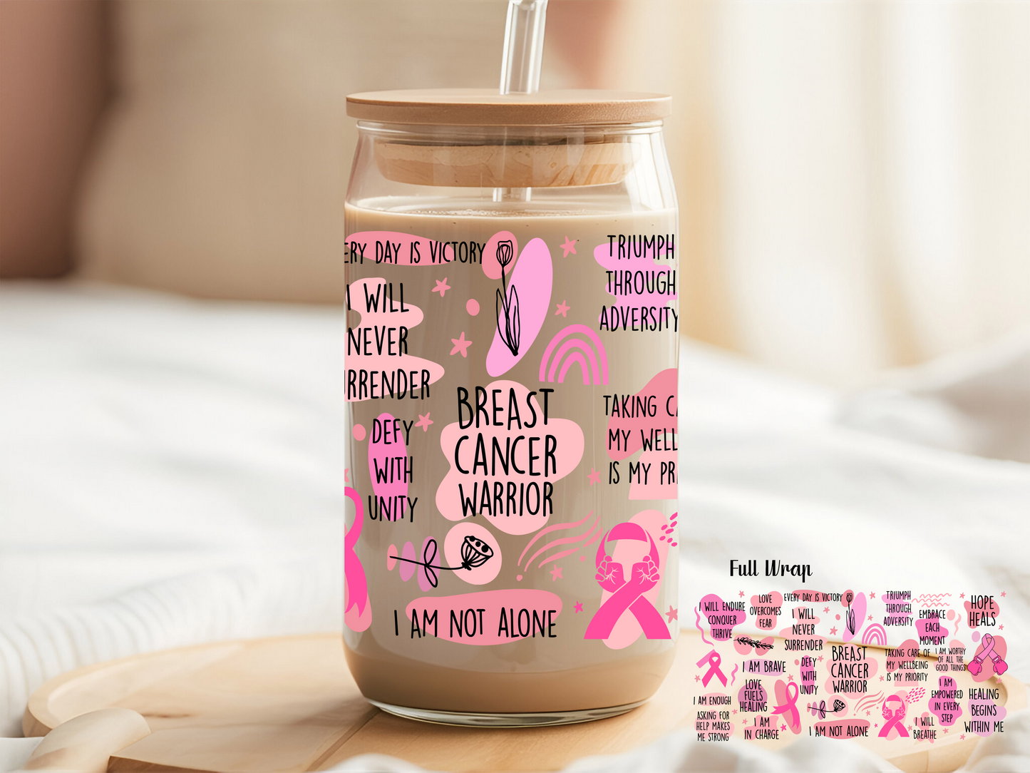 Breast Cancer Awareness 16oz Glass Can Cup with Bamboo Lid, Glass Straw, and Straw Cleaner