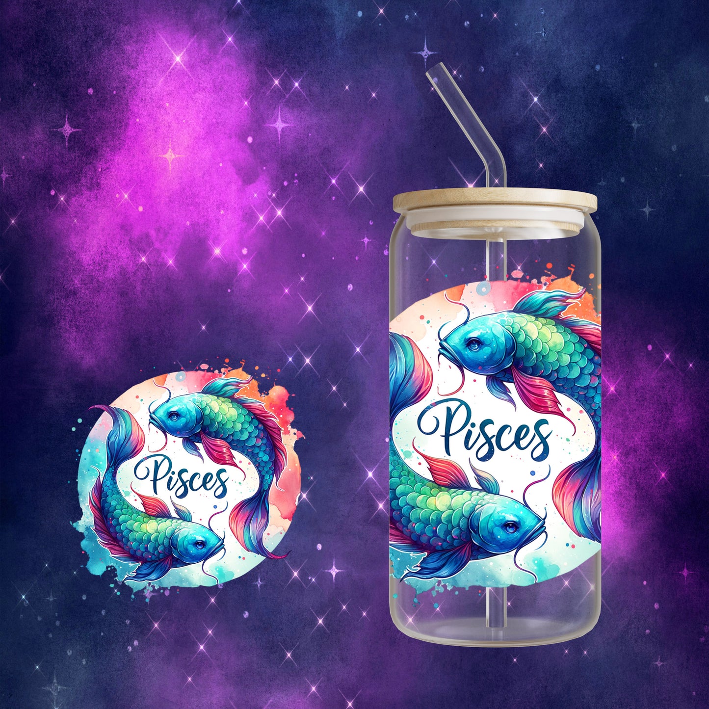 Zodiac Sign - Tie Dye 16oz Glass Can Cup with Bamboo Lid, Glass Straw, and Straw Cleaner