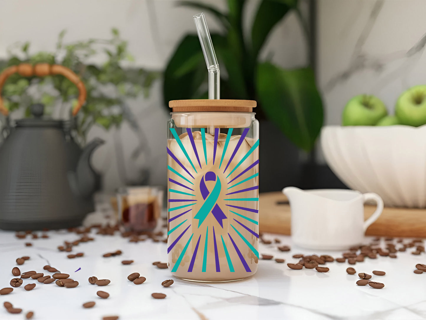 Suicide Prevention Awareness 16oz Glass Can Cup with Bamboo Lid, Glass Straw, and Straw Cleaner