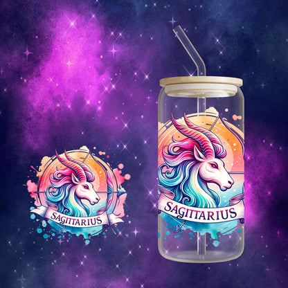 Zodiac Sign - Tie Dye 16oz Glass Can Cup with Bamboo Lid, Glass Straw, and Straw Cleaner