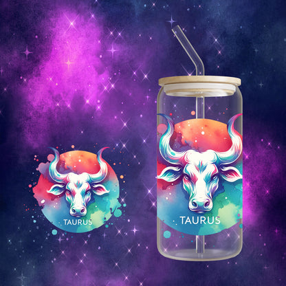 Zodiac Sign - Tie Dye 16oz Glass Can Cup with Bamboo Lid, Glass Straw, and Straw Cleaner