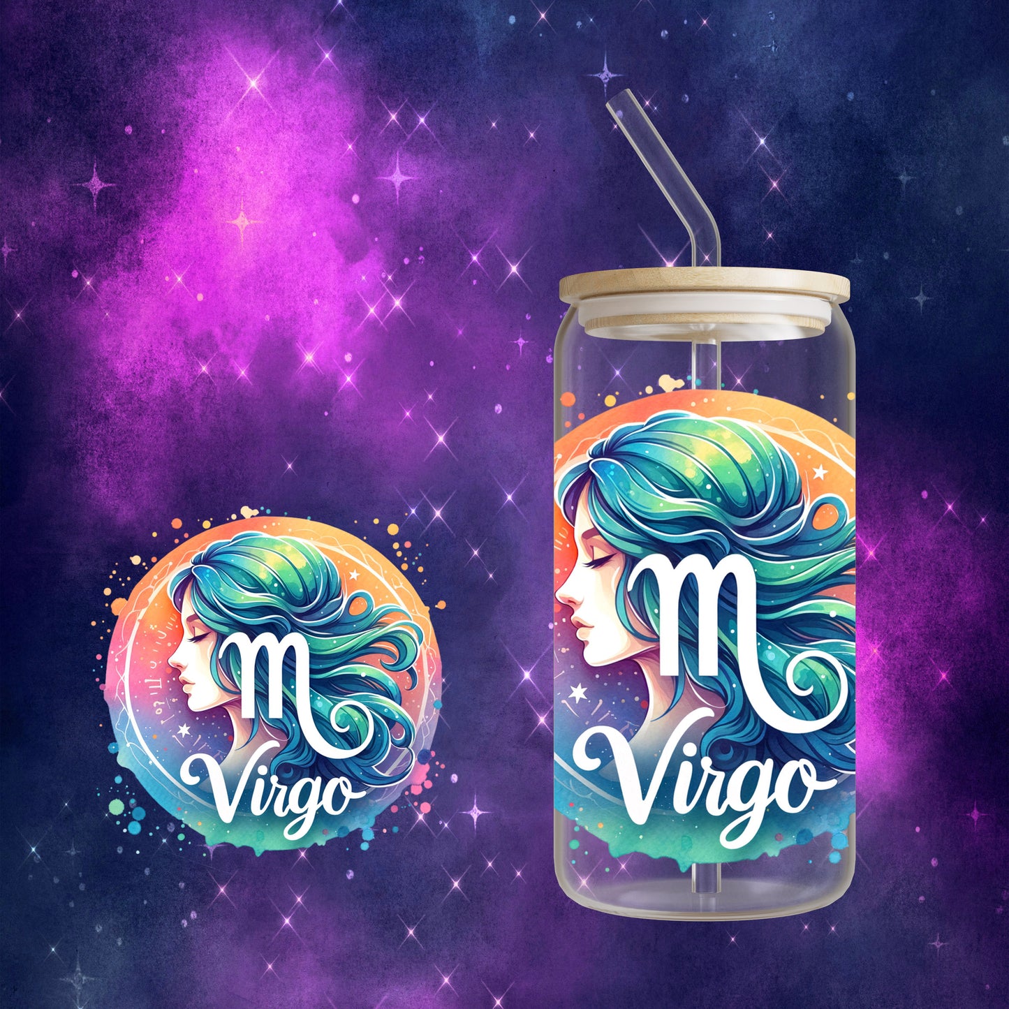 Zodiac Sign - Tie Dye 16oz Glass Can Cup with Bamboo Lid, Glass Straw, and Straw Cleaner