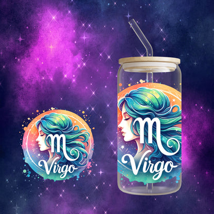 Zodiac Sign - Tie Dye 16oz Glass Can Cup with Bamboo Lid, Glass Straw, and Straw Cleaner